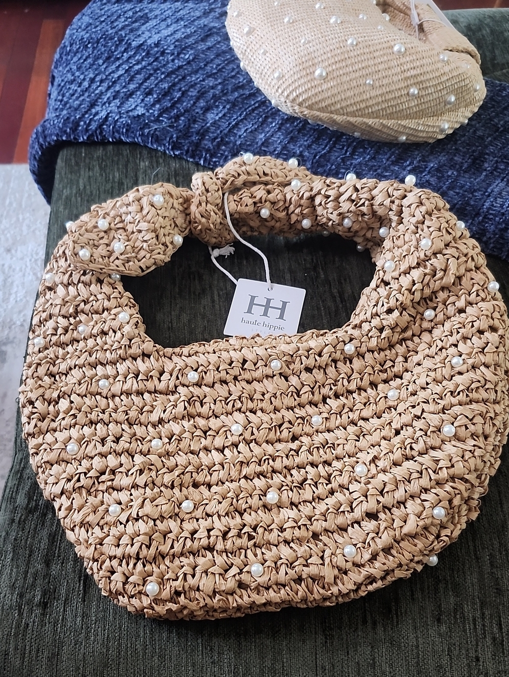 Haute Hippie Pearl-Embellished Woven Straw Tote Bag - Brown Viral Hobo Bag New - Picture 9 of 11